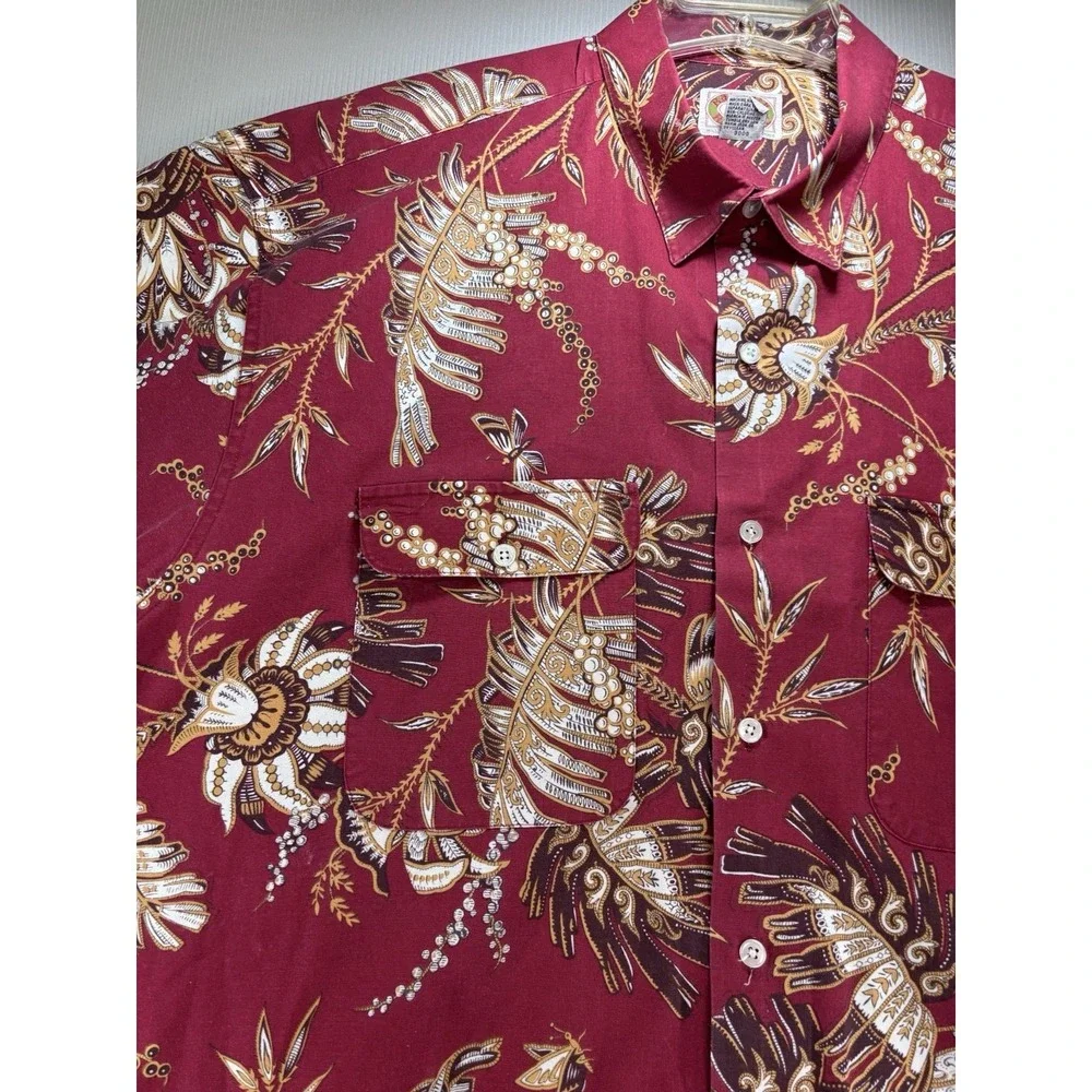 Vintage Banana Republic Safari Travel Shirt Men XL Red Tropical Floral Hong Kong